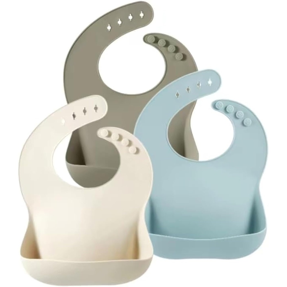 image:imagePandaEar Set of 3 Silicone Baby Bibs Waterproof Soft Unisex 1072 MonthsBlueSageBeige