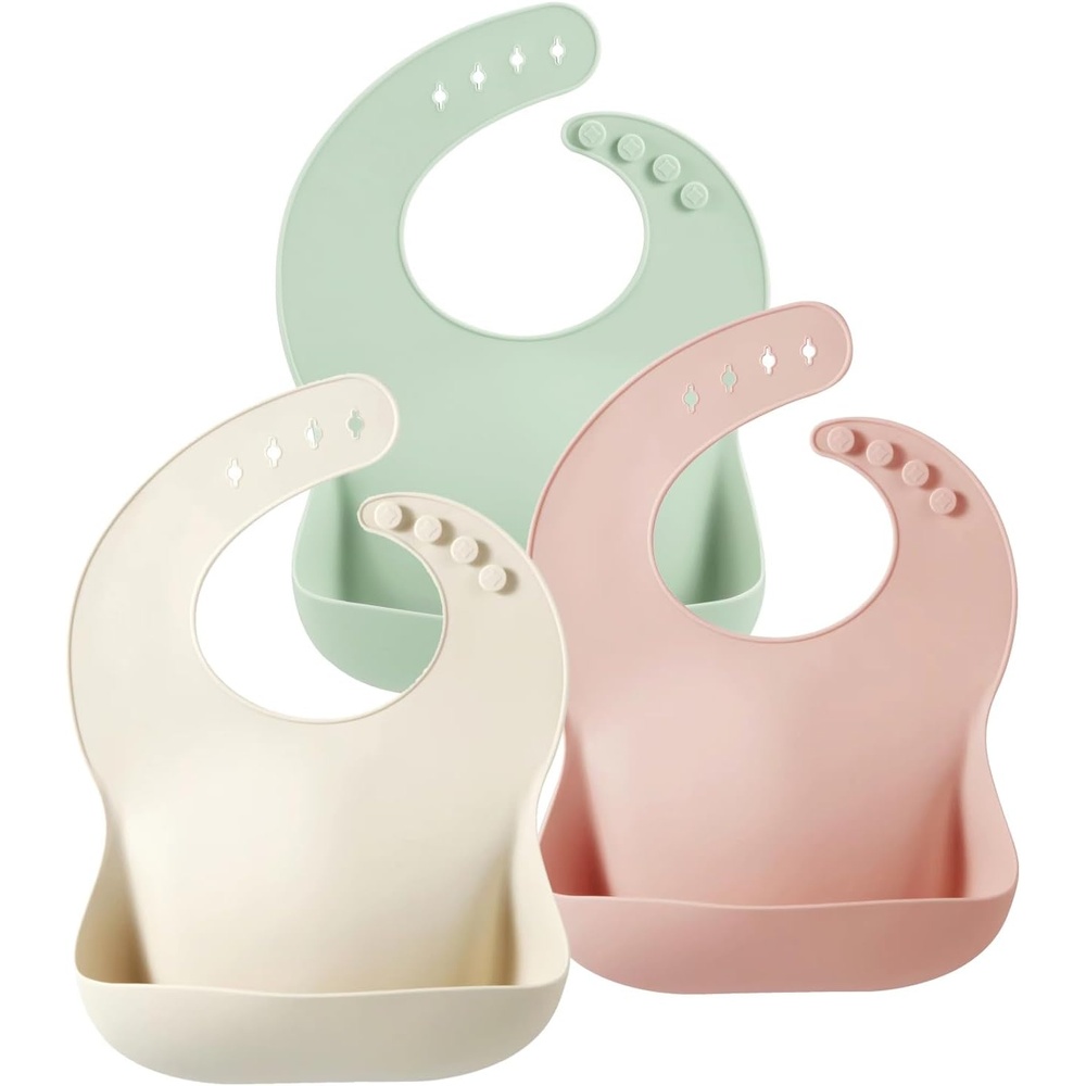 image:imagePandaEar Set of 3 Silicone Baby Bibs Waterproof Soft Unisex 1072 MonthsPinkGreenBeige