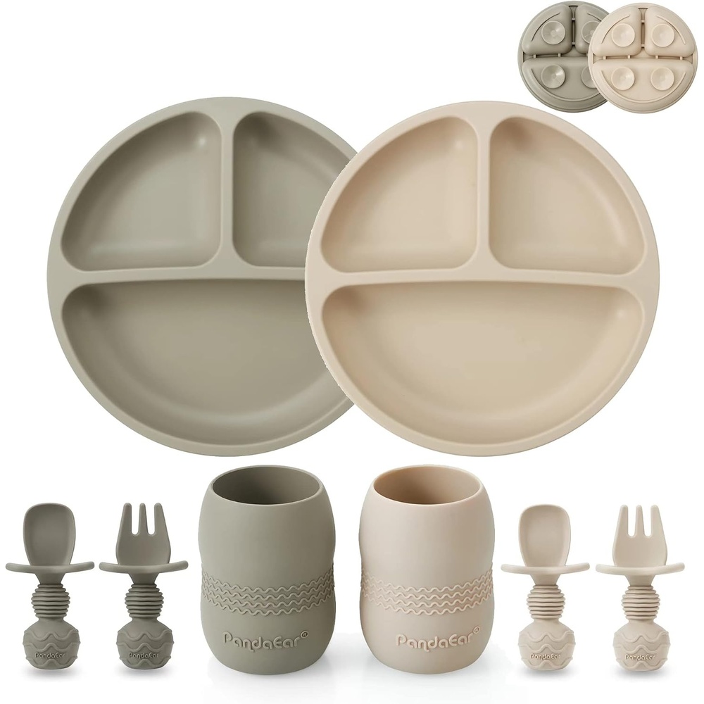 image:imagePandaEar Silicone Baby Feeding Set 2 Pack  Divided Suction Plate 2 Tiny Cup with Spoons BPA Free Light TanPinkLight TanWalnut