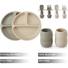 PandaEar Silicone Baby Feeding Set, 2 Pack – Divided Suction Plate, 2 Tiny Cup with Spoons, BPA Free, Light Tan/Pink(Light Tan/Walnut)