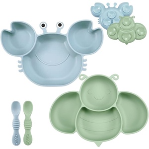 PandaEar 2 Pack Silicone Suction Plate for Baby, Divided Toddler Food Plate(Blue&Green)