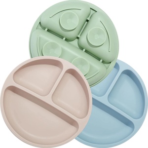 PandaEar 3 Pack Toddler Plates, Silicone Divided Suction Plate for Babies, BPA-Free 100% Food-Grade Silicone Unbreakable Baby Plate (Pink/Linen/Light Pink)(Blue)
