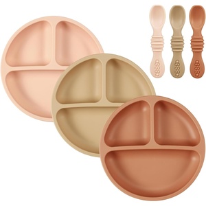 PandaEar Baby Feeding Set, 3 Pack Toddler Plates with 3 Spoons, 100% Silicone Divided Suction Plate for Babies, BPA-Free, Dishwasher and Microwave Safe -Blue/Red/Brown(Pink/Brown/Brick red)