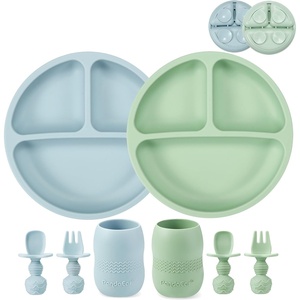 PandaEar Silicone Baby Feeding Set, 2 Pack – Divided Suction Plate, 2 Tiny Cup with Spoons, BPA Free, Light Tan/Pink(Blue/Green)