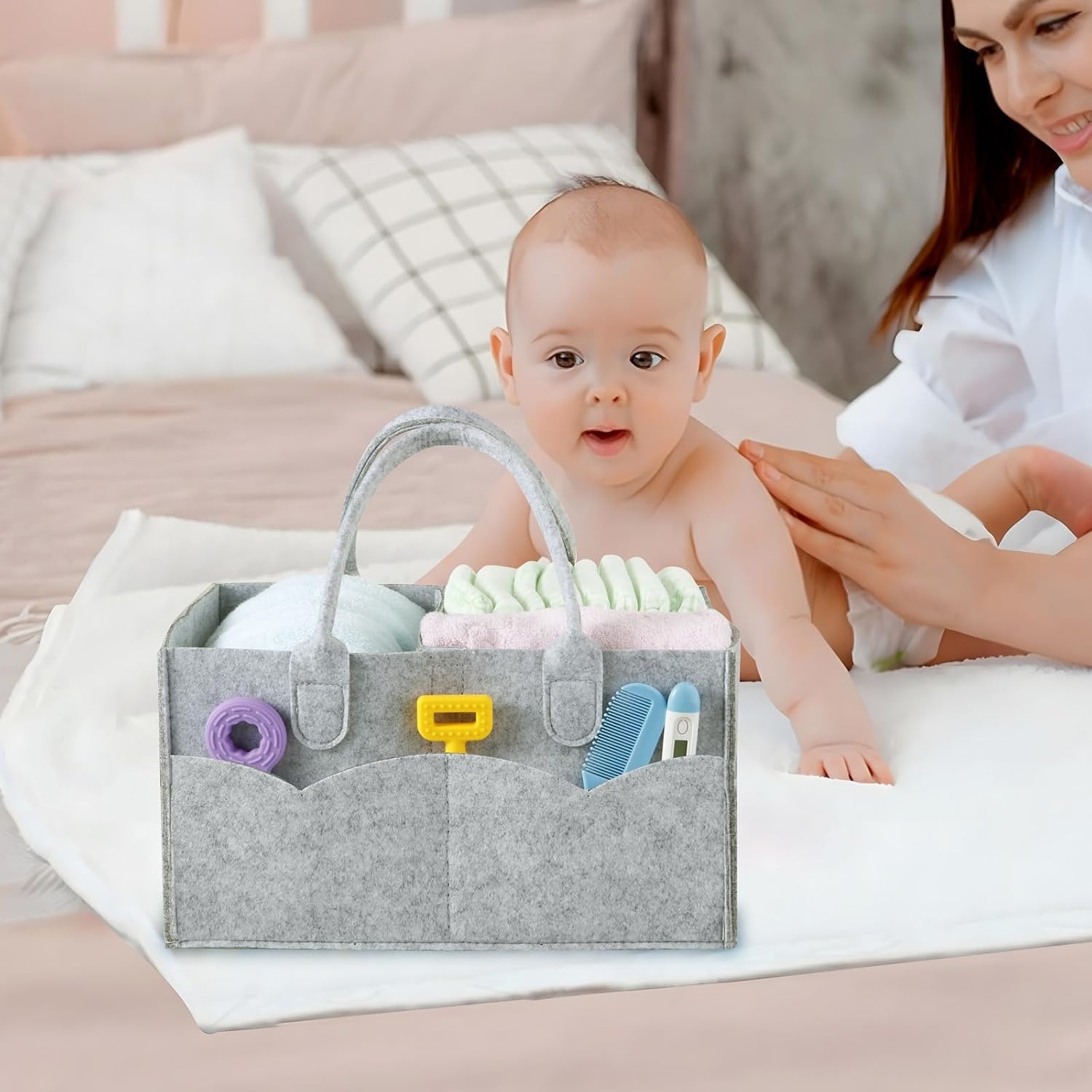 image:imagePandaEar 2 Pack Baby Diaper Caddy Portable Nursery Storage BasketGreyBrown