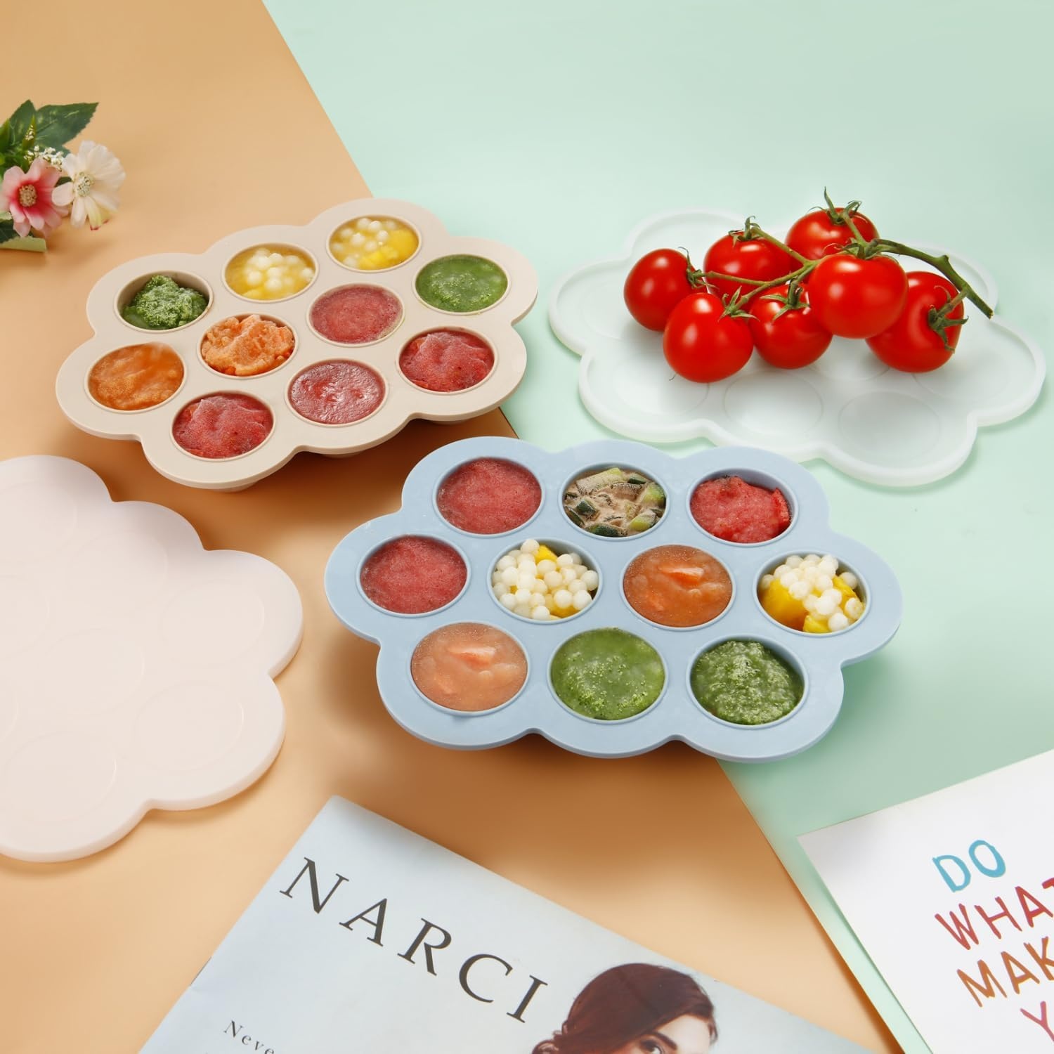 image:imagePandaEar 2 Pack Baby Food Freezer Tray with Lids Silicone Baby Food Storage Container for Homemade Baby Food Fruit Purees and Breastmilk BlueTan