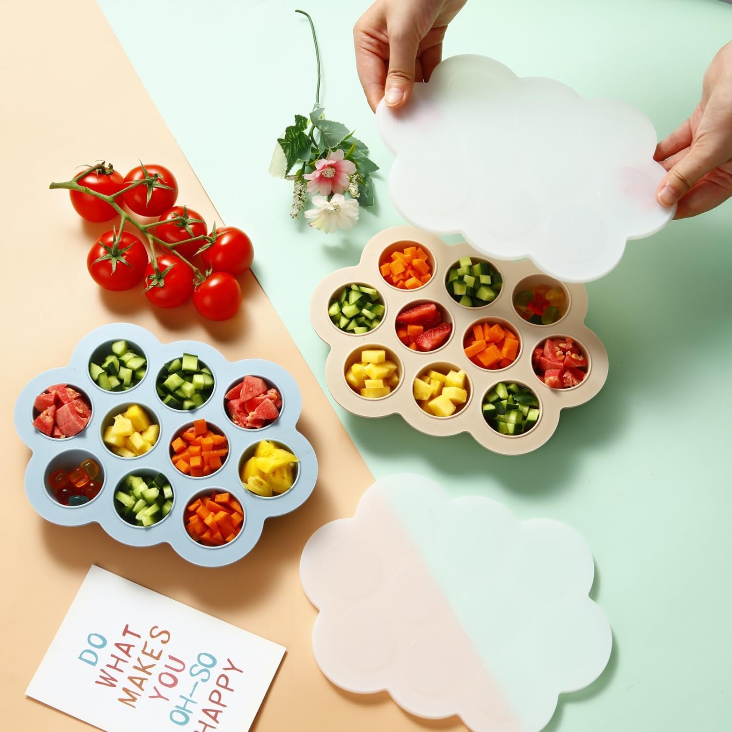 image:imagePandaEar 2 Pack Baby Food Freezer Tray with Lids Silicone Baby Food Storage Container for Homemade Baby Food Fruit Purees and Breastmilk BlueTan