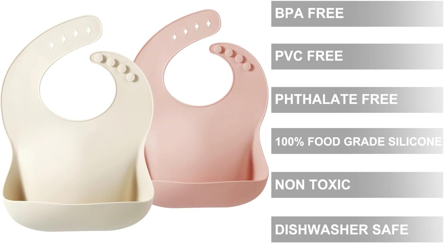 image:imagePandaEar 2 Pack Silicone Baby Bibs for Girls Waterproof Silicone Bibs with Food Catcher Thick Adjustable Toddler Bibs Baby Food Bibs for Eating Soft Non Messy Pink Tawny