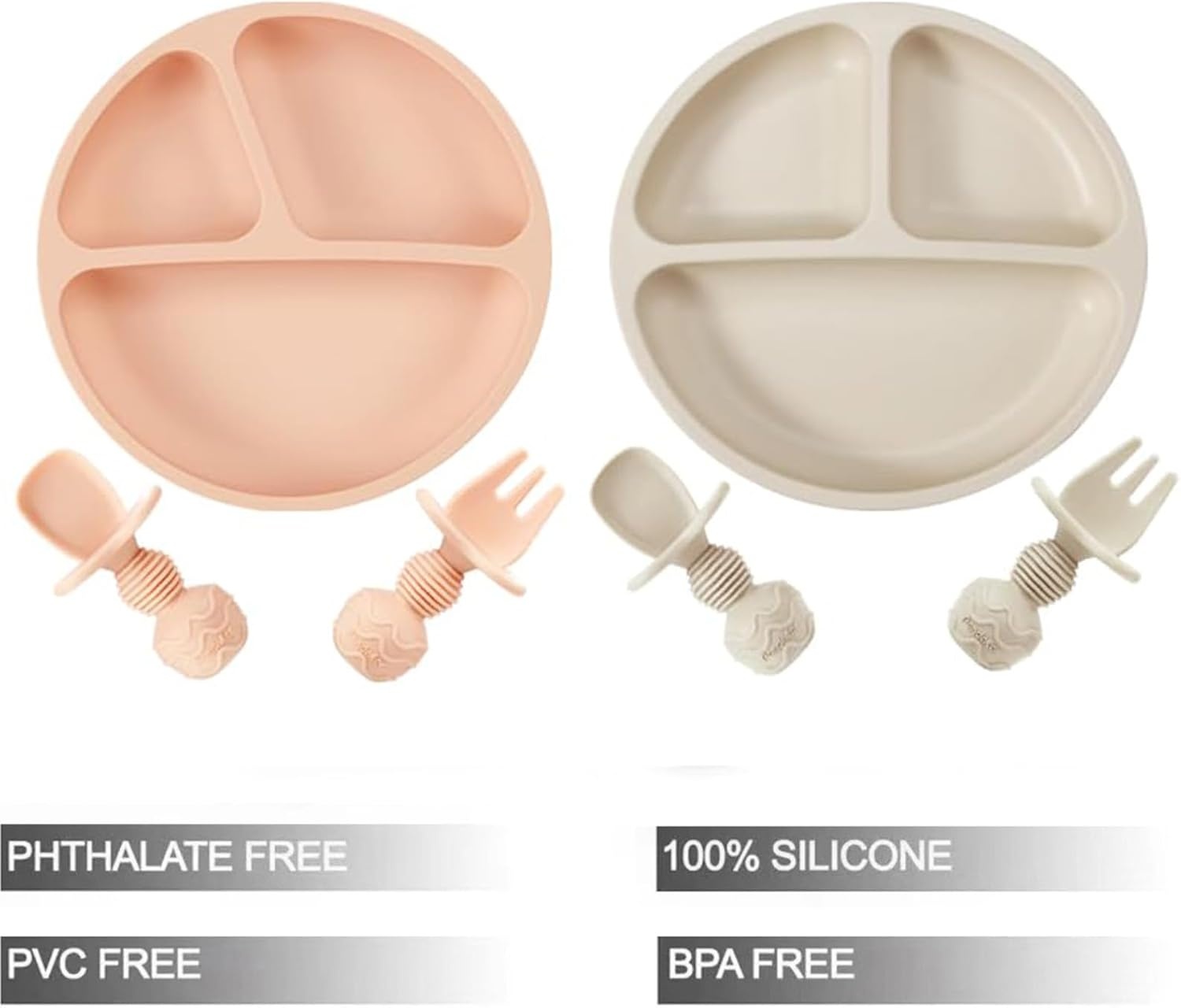 image:imagePandaEar 2 Pack Silicone Divided Suction Plates with 2 Spoons 2 Forks for Babies amp Toddlers Baby Led Weaning Supplies Self Feeding Eating Utensils BPAFree Silicone Baby Feeding Set Pink amp Linen