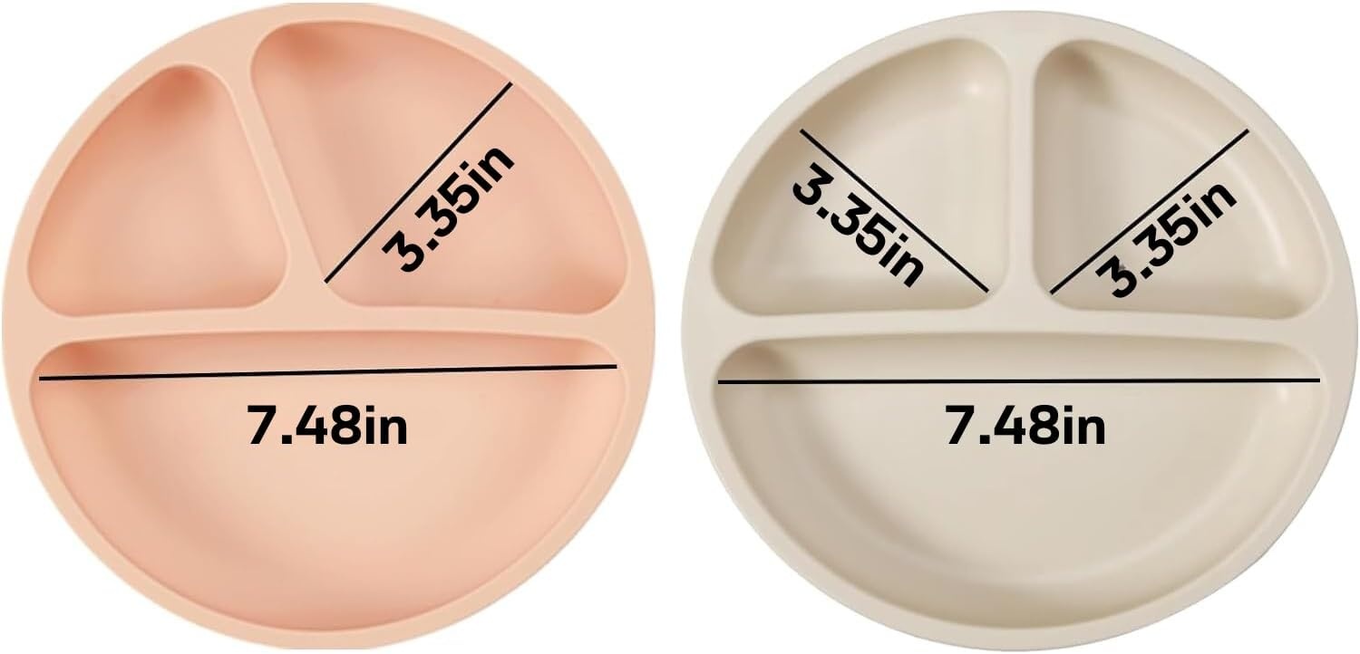 image:imagePandaEar 2 Pack Silicone Divided Suction Plates with 2 Spoons 2 Forks for Babies amp Toddlers Baby Led Weaning Supplies Self Feeding Eating Utensils BPAFree Silicone Baby Feeding Set Pink amp Linen