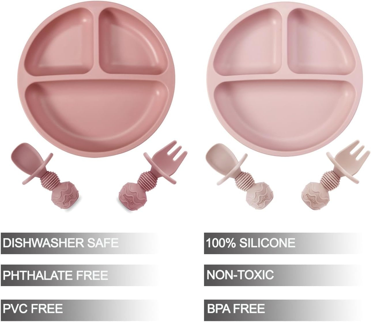 image:imagePandaEar 2 Pack Toddler Divided Suction Plates with 2 Spoons 2 Forks for Babies Silicone Baby Led Weaning Supplies Self Feeding Eating Utensils BPAFree Baby Feeding Set Pink
