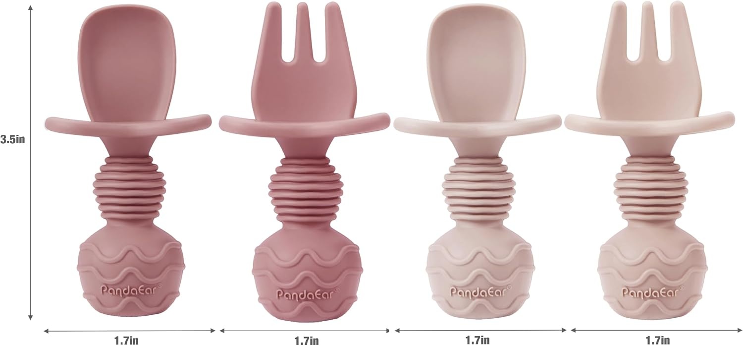 image:imagePandaEar 2 Pack Toddler Divided Suction Plates with 2 Spoons 2 Forks for Babies Silicone Baby Led Weaning Supplies Self Feeding Eating Utensils BPAFree Baby Feeding Set Pink