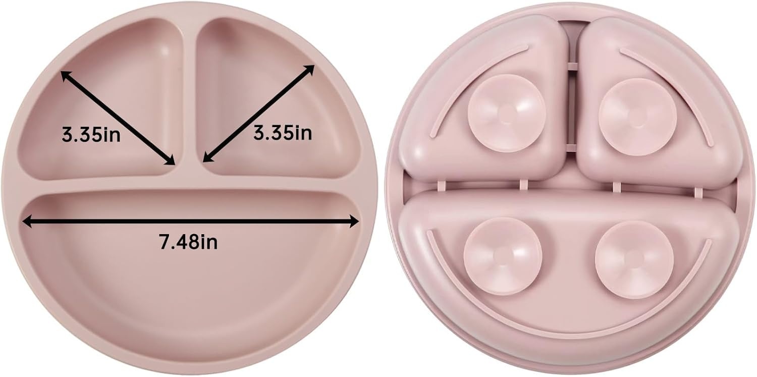image:imagePandaEar 2 Pack Toddler Divided Suction Plates with 2 Spoons 2 Forks for Babies Silicone Baby Led Weaning Supplies Self Feeding Eating Utensils BPAFree Baby Feeding Set Pink