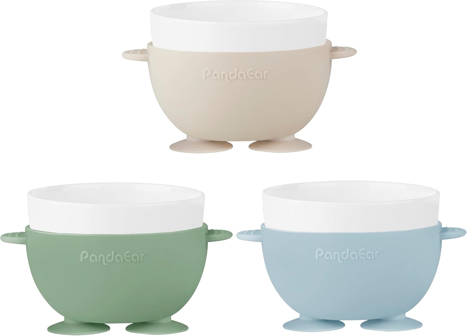 image:imagePandaEar 3 Pack Ceramic Baby Bowls with Silicone Sleeves NonSlip Suction Base Microwave amp Dishwasher Safe Toddler Bowls BPA Free Baby Feeding Bowls Set BlueGreenBeige