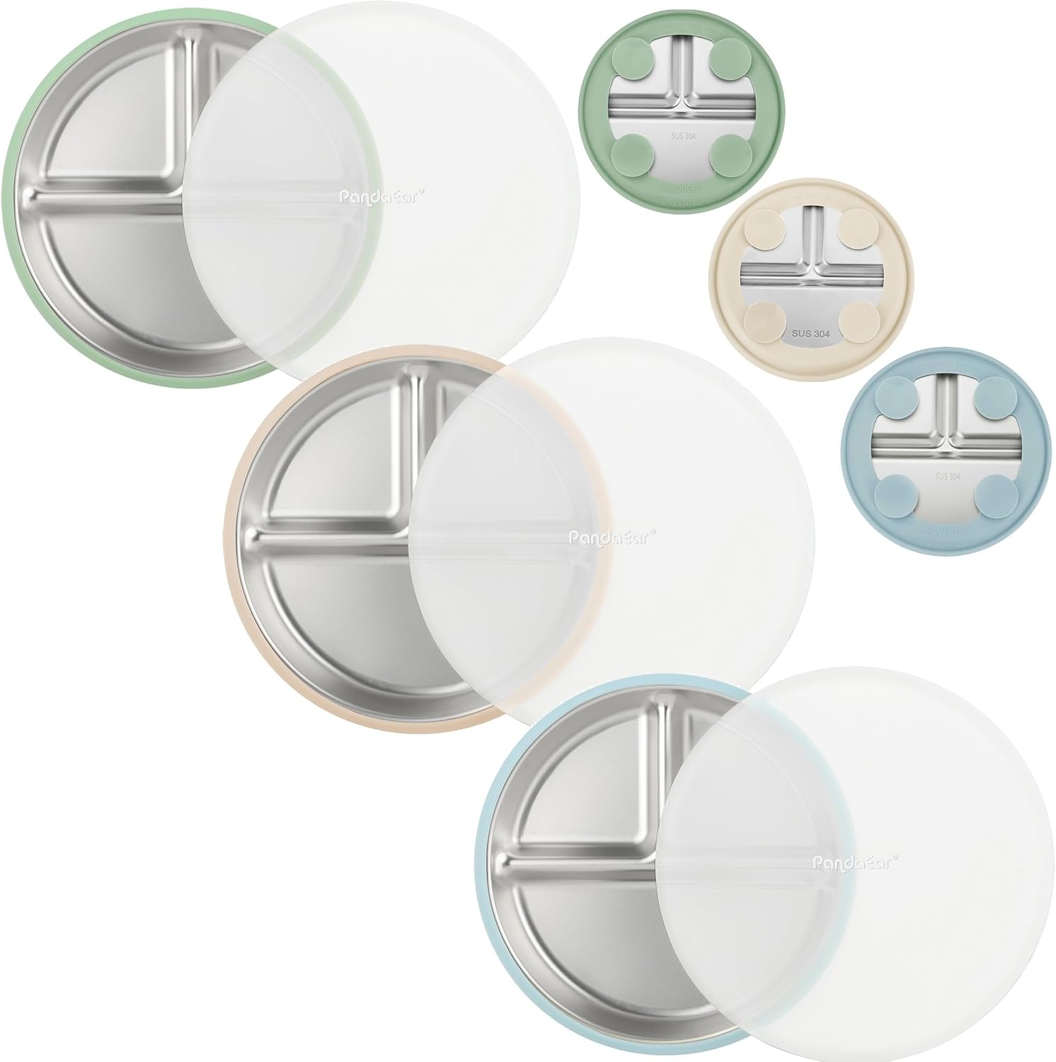image:imagePandaEar 3 Pack Stainless Steel Baby Suction Plates With LidsBlueGreenBrown