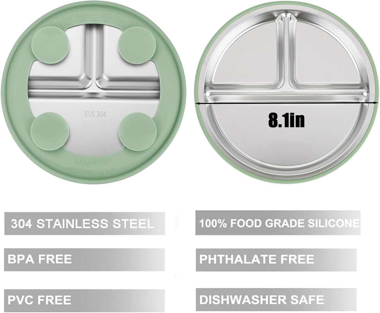 image:imagePandaEar 3 Pack Stainless Steel Baby Suction Plates With LidsBlueGreenBrown
