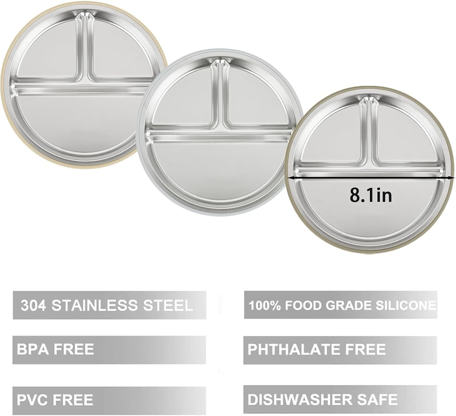 image:imagePandaEar 3 Pack Stainless Steel Baby Suction Plates With LidsLinenBrownTan