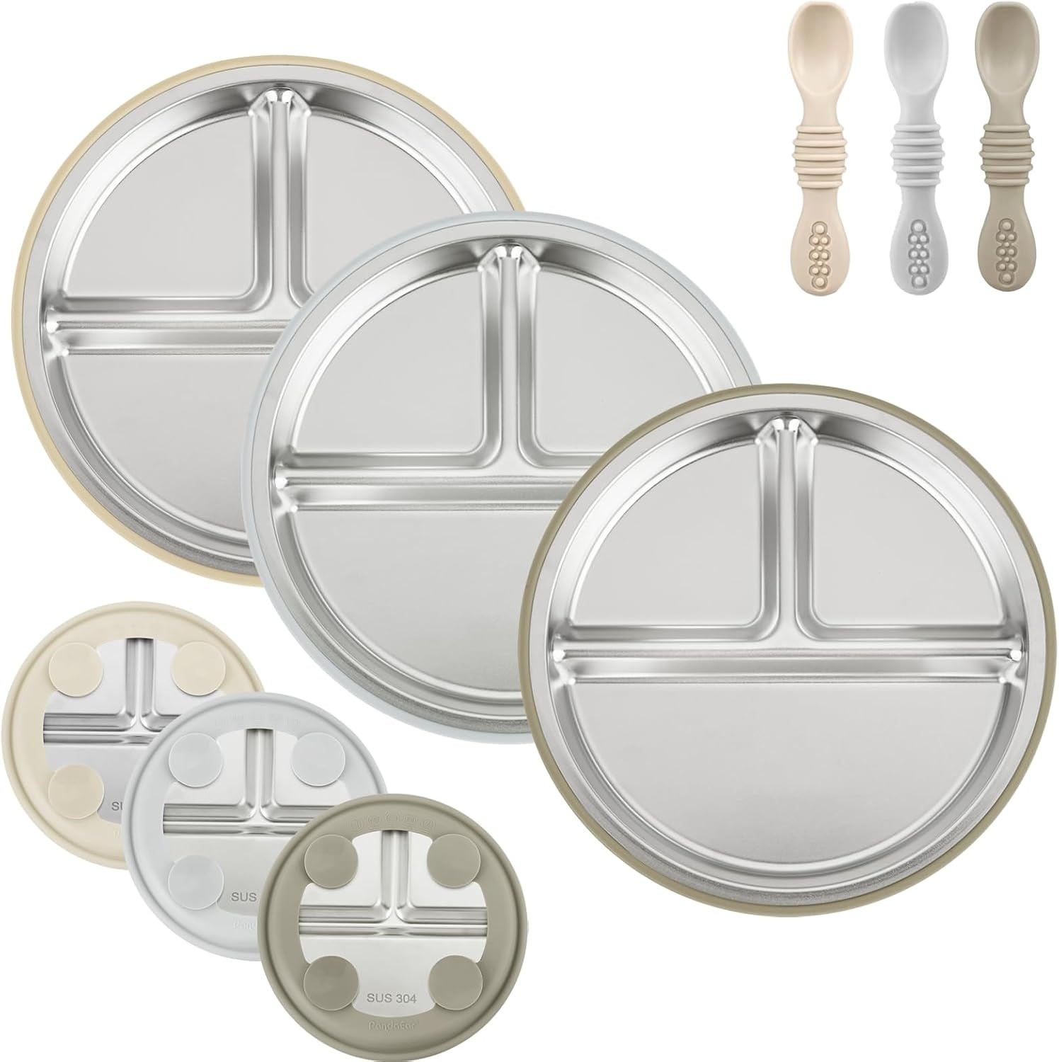 image:imagePandaEar 3 Pack Stainless Steel Baby Suction Plates With LidsLinenBrownTan