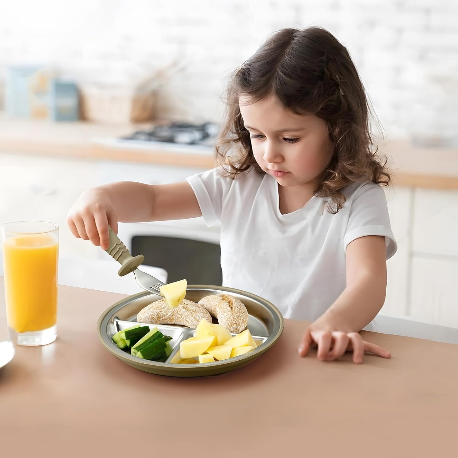image:imagePandaEar 3 Pack Stainless Steel Baby Suction Plates With LidsLinenBrownTan