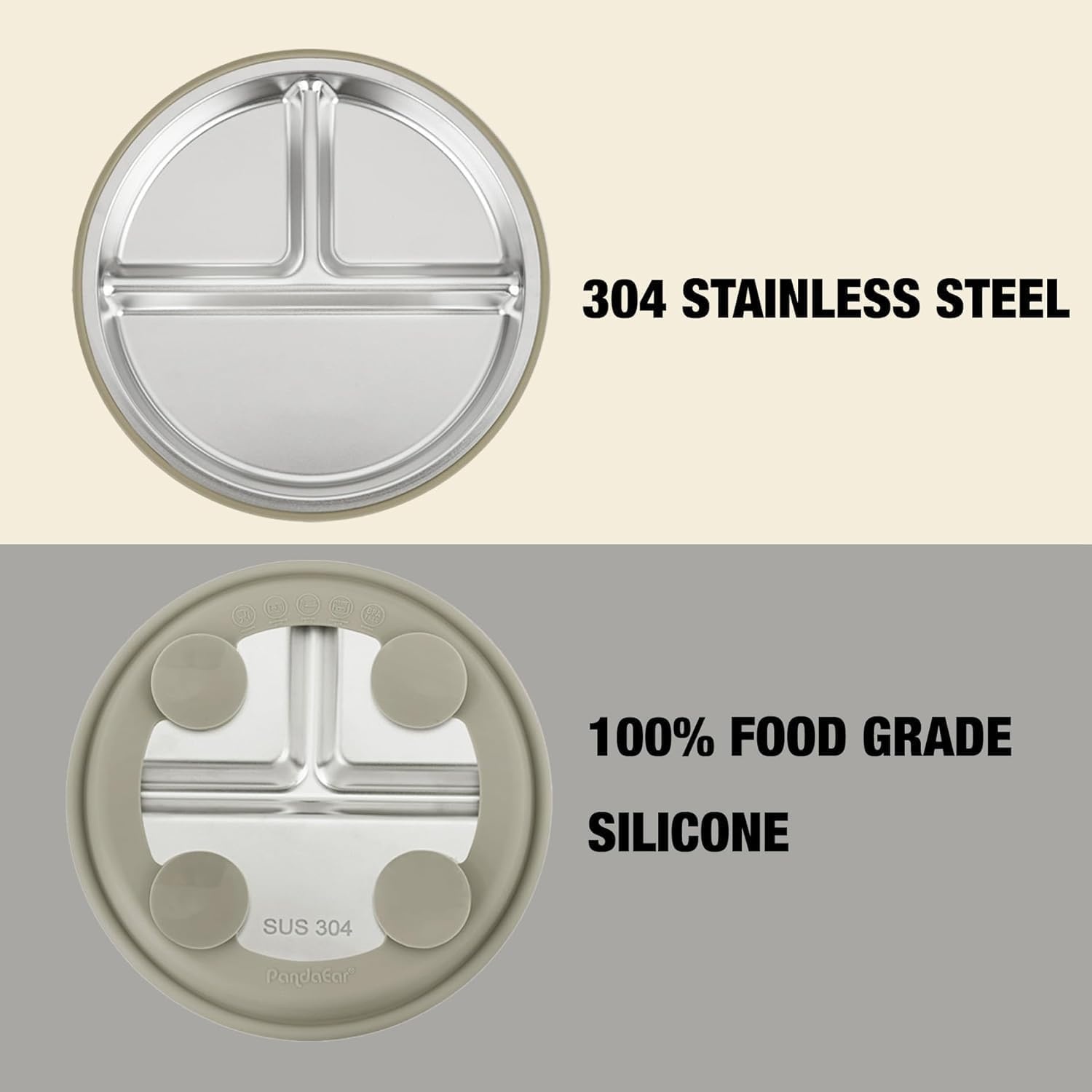 image:imagePandaEar 3 Pack Stainless Steel Baby Suction Plates With LidsLinenBrownTan