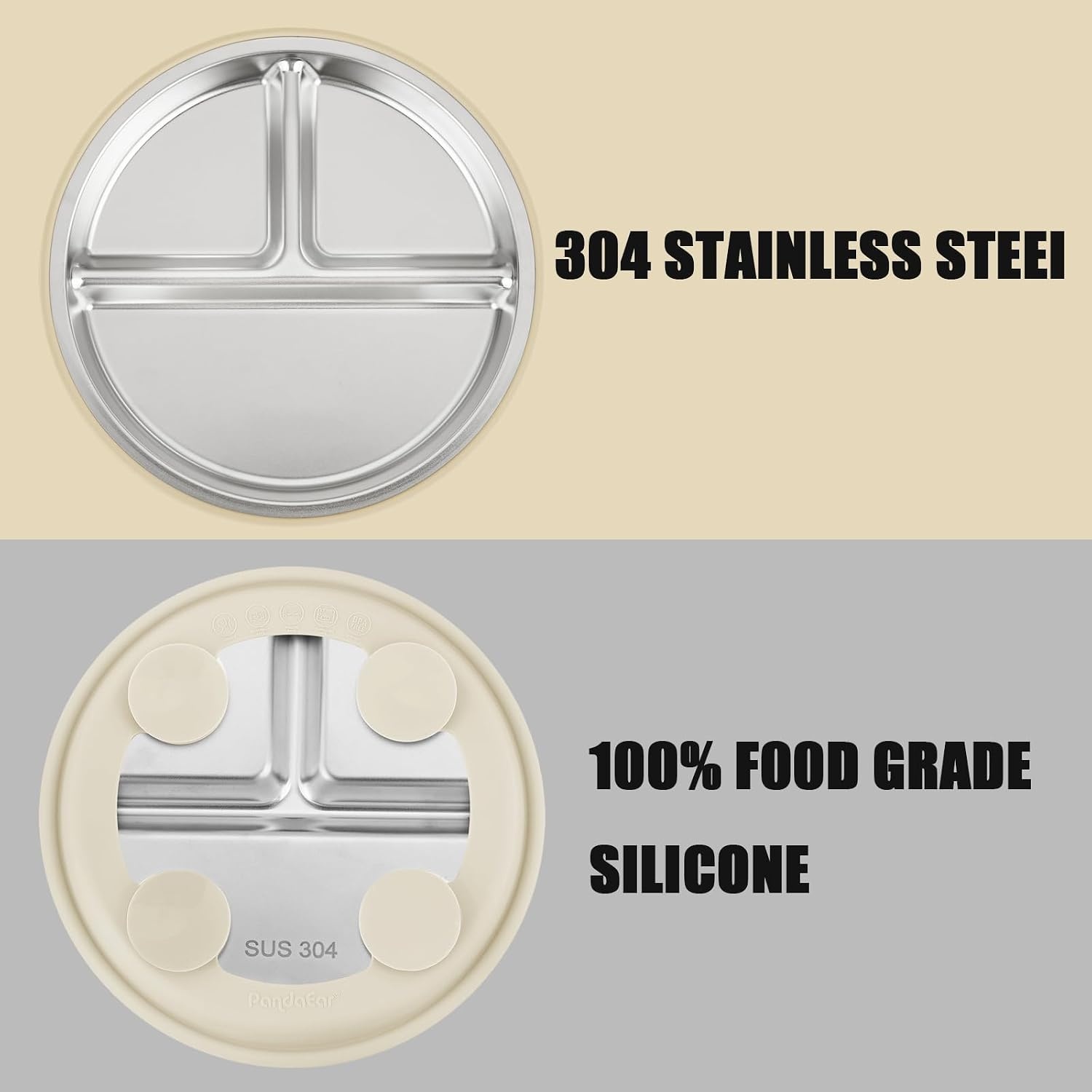 image:imagePandaEar 3 Pack Stainless Steel Baby Suction Plates With LidsLinenBrownTan
