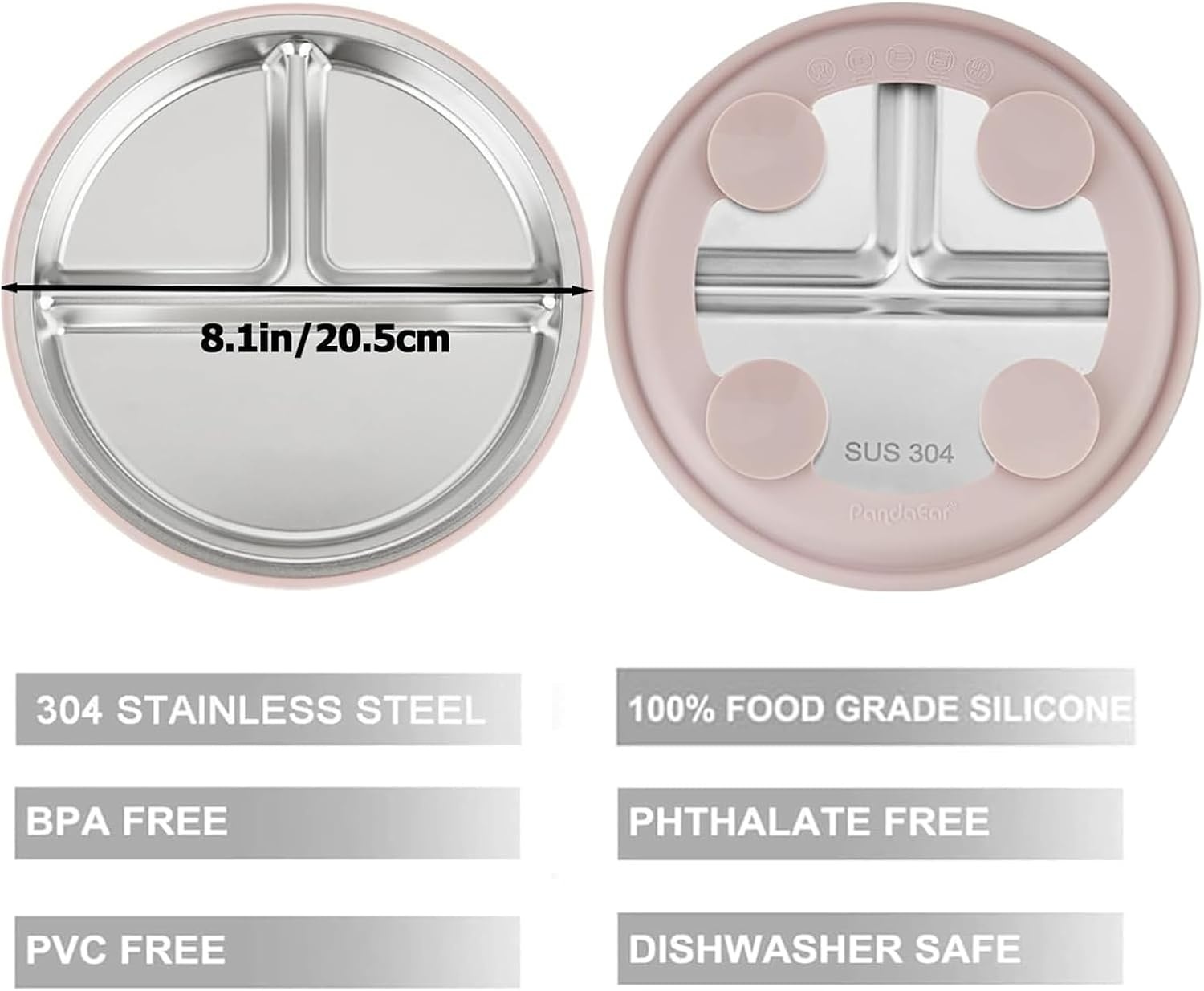 image:imagePandaEar 3 Pack Stainless Steel Baby Suction Plates With LidsPinkLinenLight Pink
