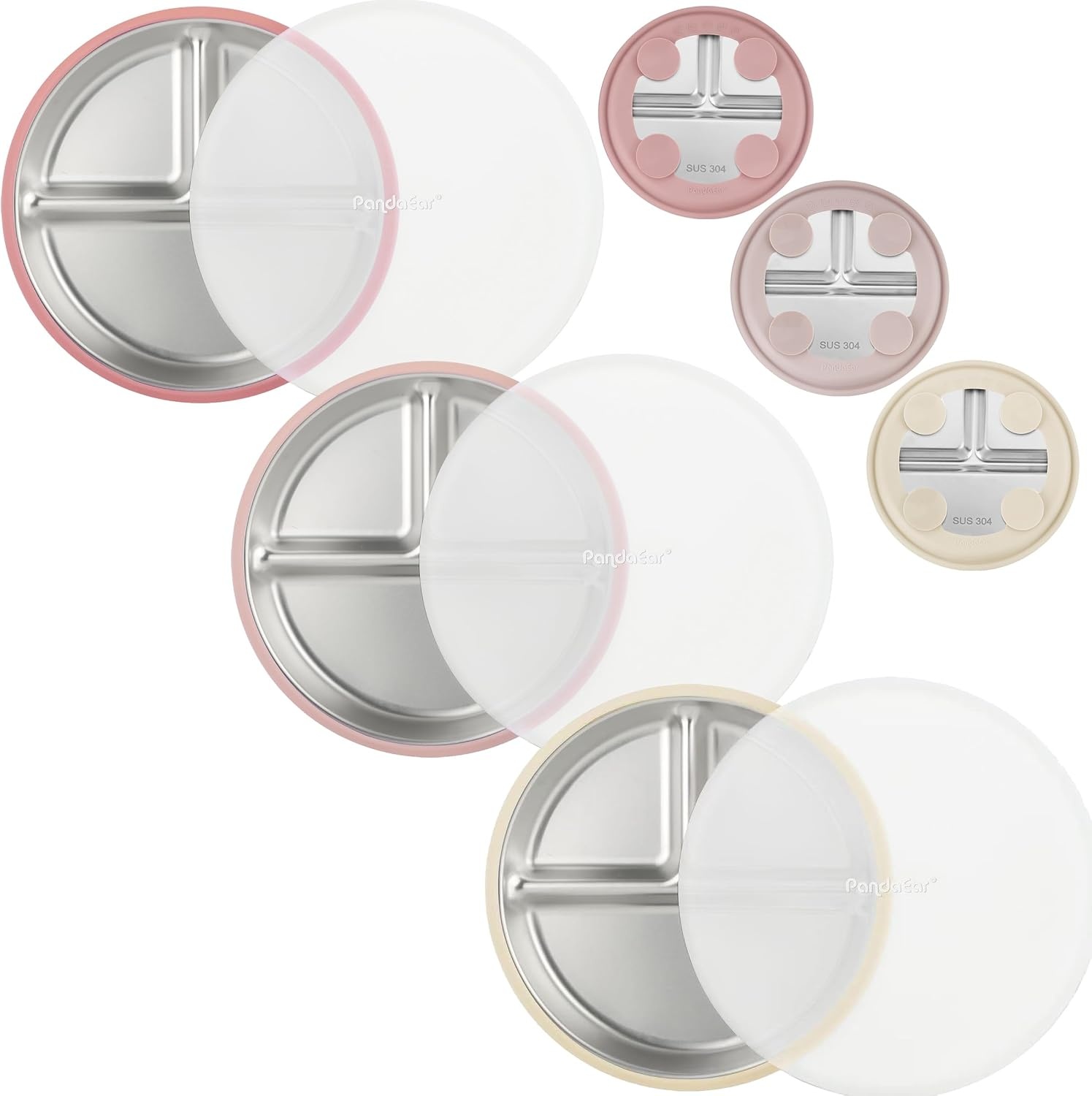 image:imagePandaEar 3 Pack Stainless Steel Baby Suction Plates With LidsPinkLinenLight Pink