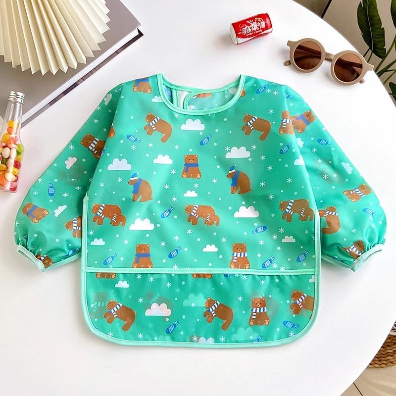 image:imagePandaEar 3 Pack Waterproof Long Sleeve Baby Bibs for Eating amp Messy Play Toddler Smock with Food Catcher Pocket Lightweight Reusable Feeding Apron for Infant 636 Months Bears Penguins Dinosaurs