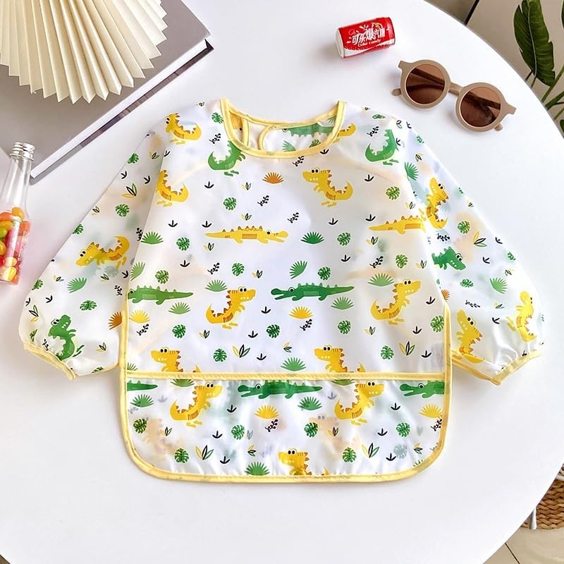 image:imagePandaEar 3 Pack Waterproof Long Sleeve Baby Bibs for Eating amp Messy Play Toddler Smock with Food Catcher Pocket Lightweight Reusable Feeding Apron for Infant 636 Months Bears Penguins Dinosaurs