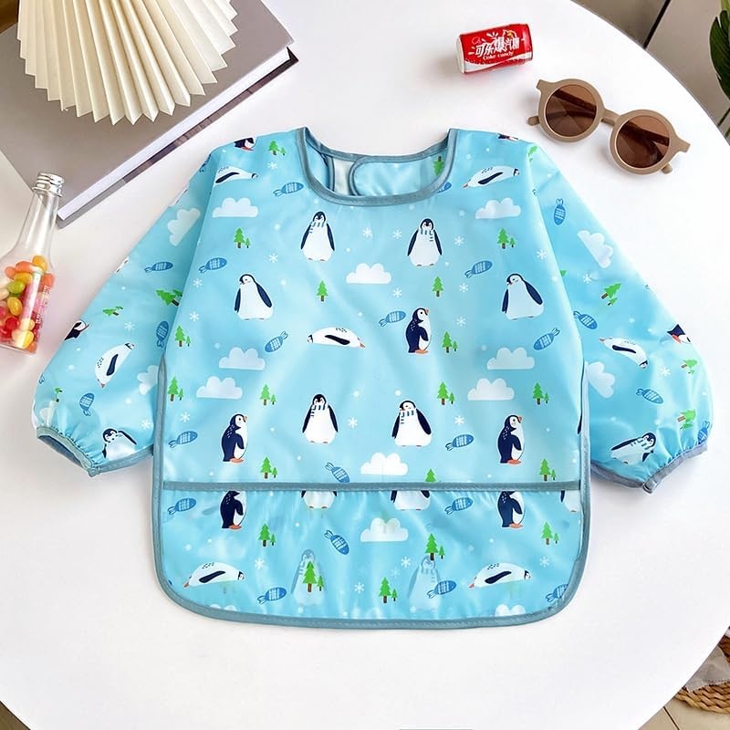 image:imagePandaEar 3 Pack Waterproof Long Sleeve Baby Bibs for Eating amp Messy Play Toddler Smock with Food Catcher Pocket Lightweight Reusable Feeding Apron for Infant 636 Months Bears Penguins Dinosaurs