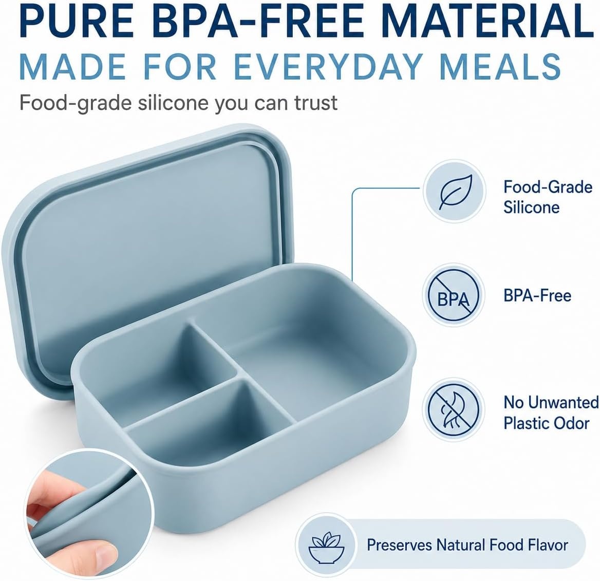 image:imagePandaEar 3Compartment Silicone Bento Box Adult Snack Container Blue 28oz
