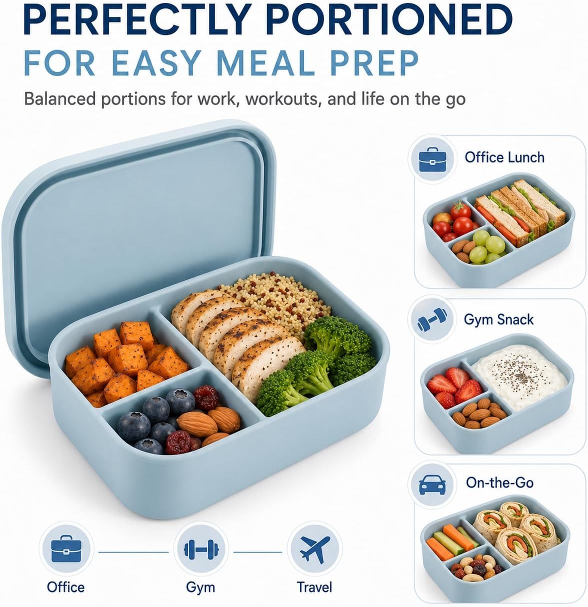 image:imagePandaEar 3Compartment Silicone Bento Box Adult Snack Container Blue 28oz