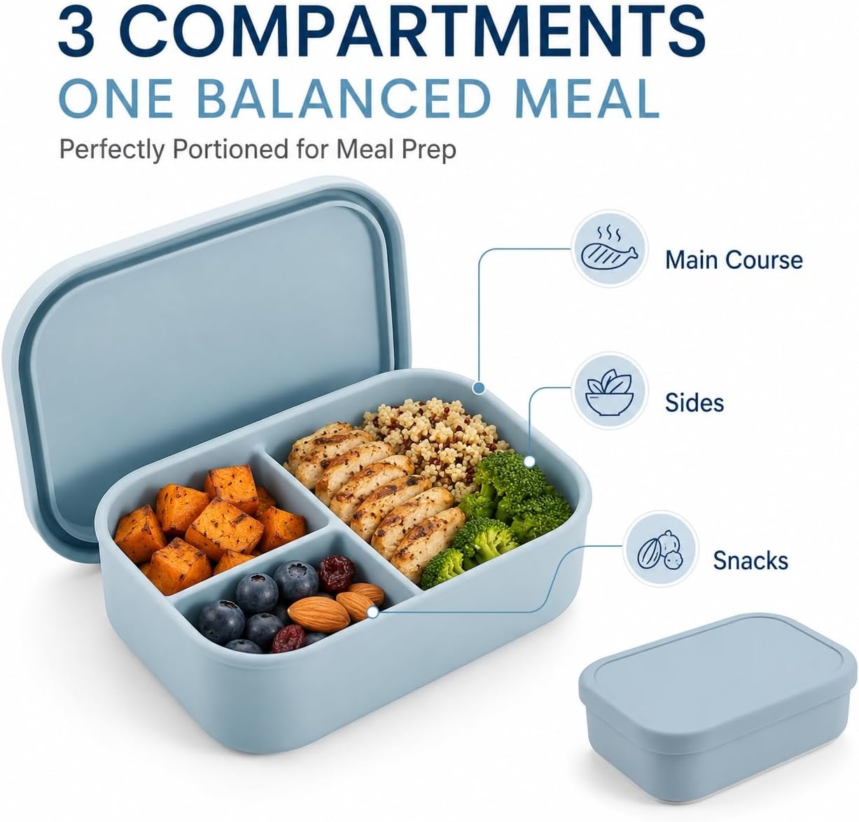 image:imagePandaEar 3Compartment Silicone Bento Box Adult Snack Container Blue 28oz
