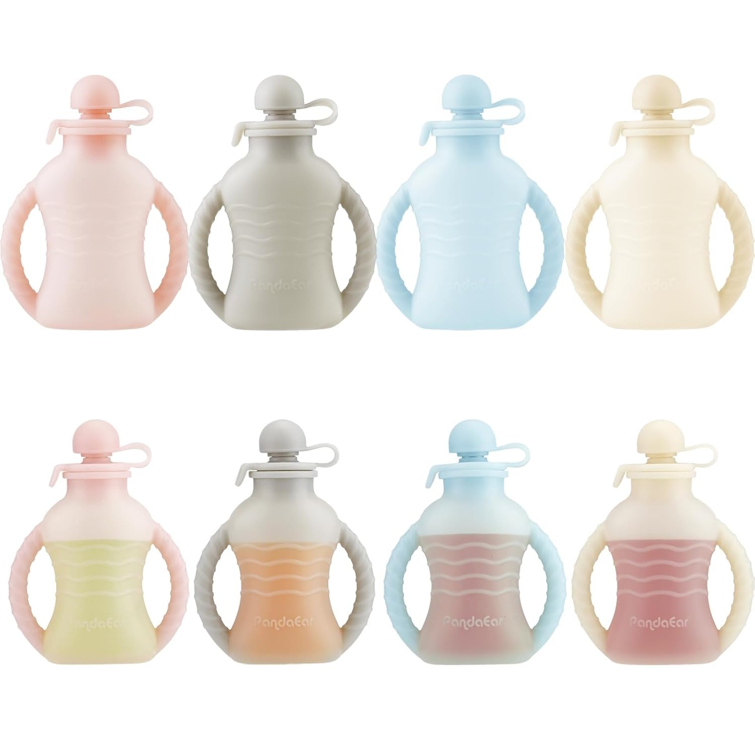 image:imagePandaEar 4 Pack Reusable Baby Food Pouches with Double Handles Silicone Portable Pouches for Toddlers Refillable 4oz Food Storage Bags for Puree Yogurt Smoothies Includes Collapsible Funnel