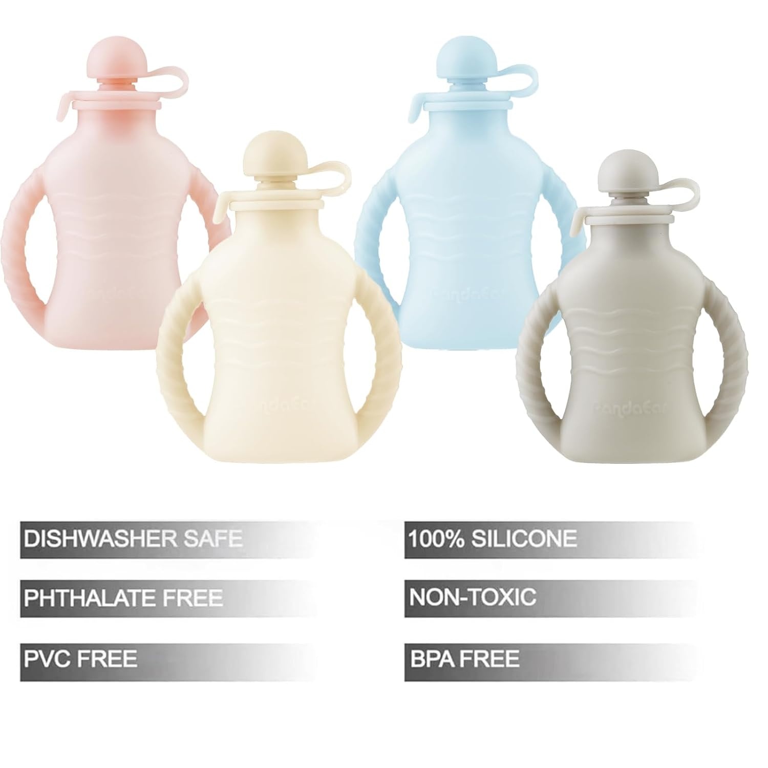 image:imagePandaEar 4 Pack Reusable Baby Food Pouches with Double Handles Silicone Portable Pouches for Toddlers Refillable 4oz Food Storage Bags for Puree Yogurt Smoothies Includes Collapsible Funnel