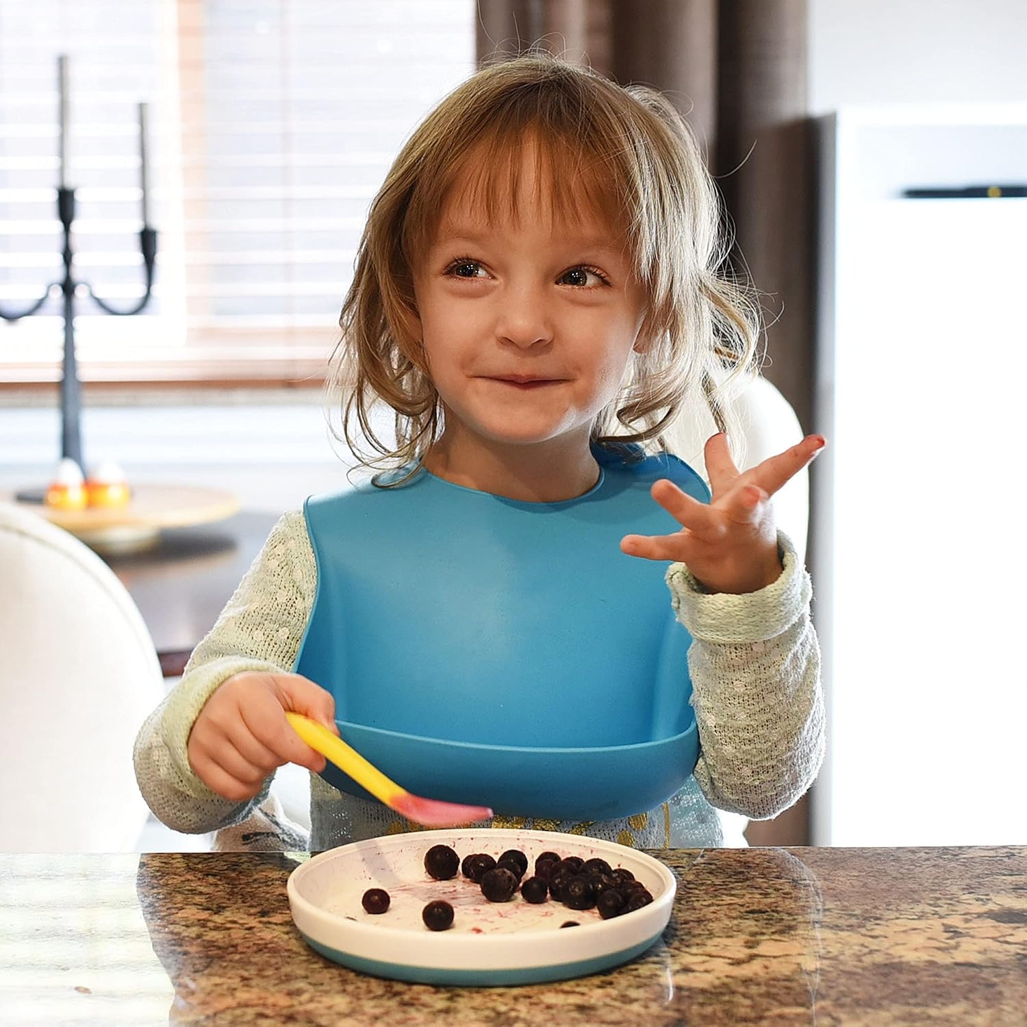 image:imagePandaEar 5 Pack Waterproof Silicone Baby Bibs Super Thin Light Weight Feeding Bib with Food Catcher Pocket for ToddlerBlueGreen