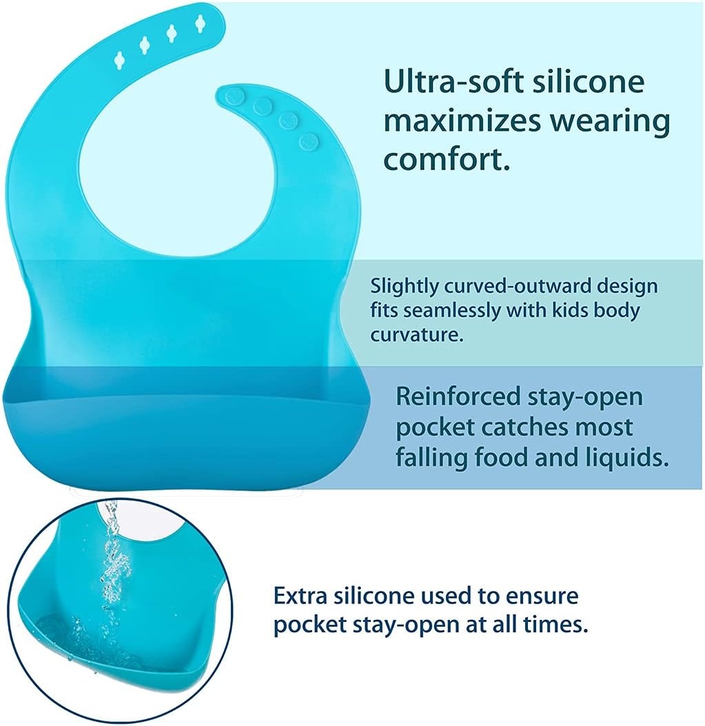 image:imagePandaEar 5 Pack Waterproof Silicone Baby Bibs Super Thin Light Weight Feeding Bib with Food Catcher Pocket for ToddlerBlueGreen