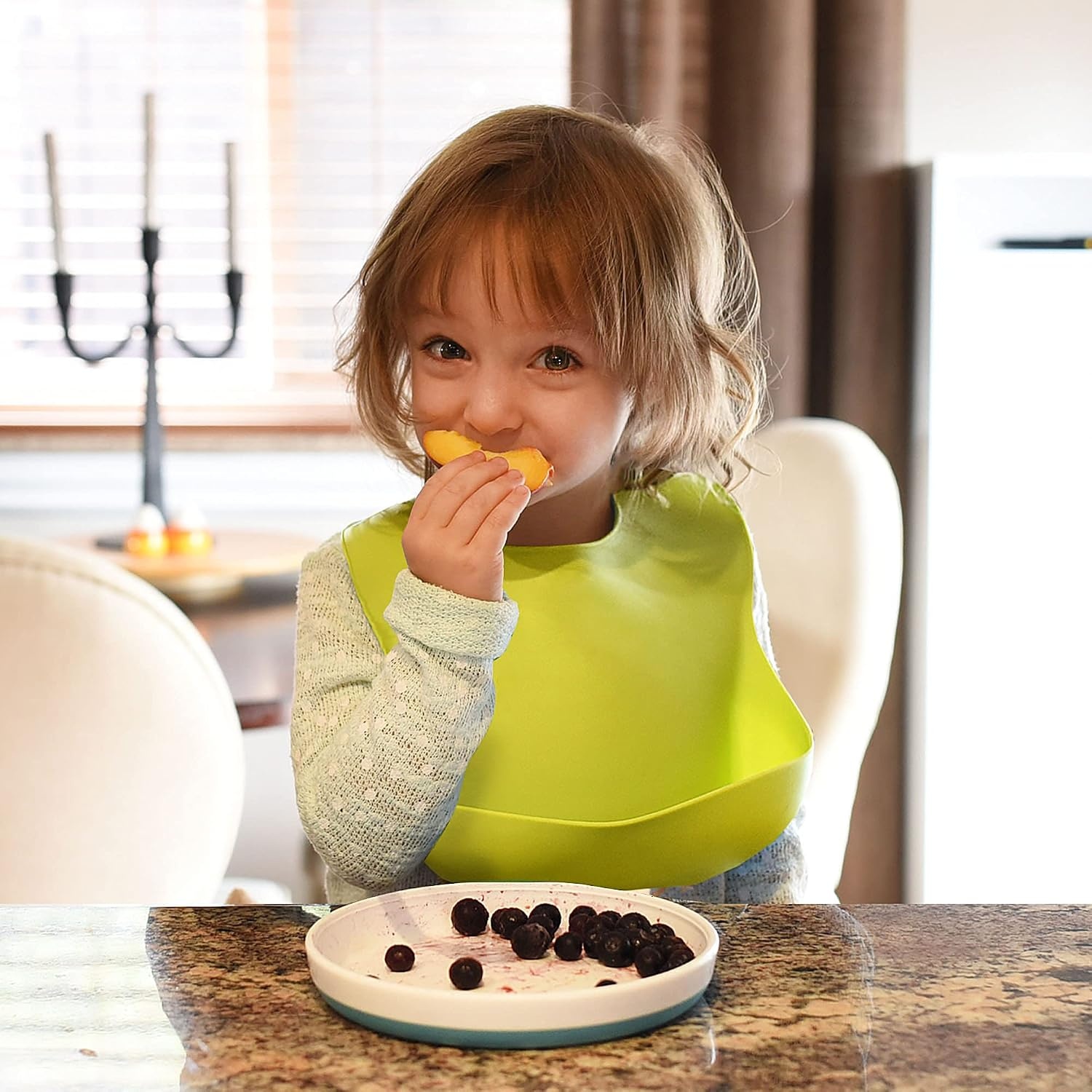 image:imagePandaEar 5 Pack Waterproof Silicone Baby Bibs Super Thin Light Weight Feeding Bib with Food Catcher Pocket for ToddlerBlueGreen