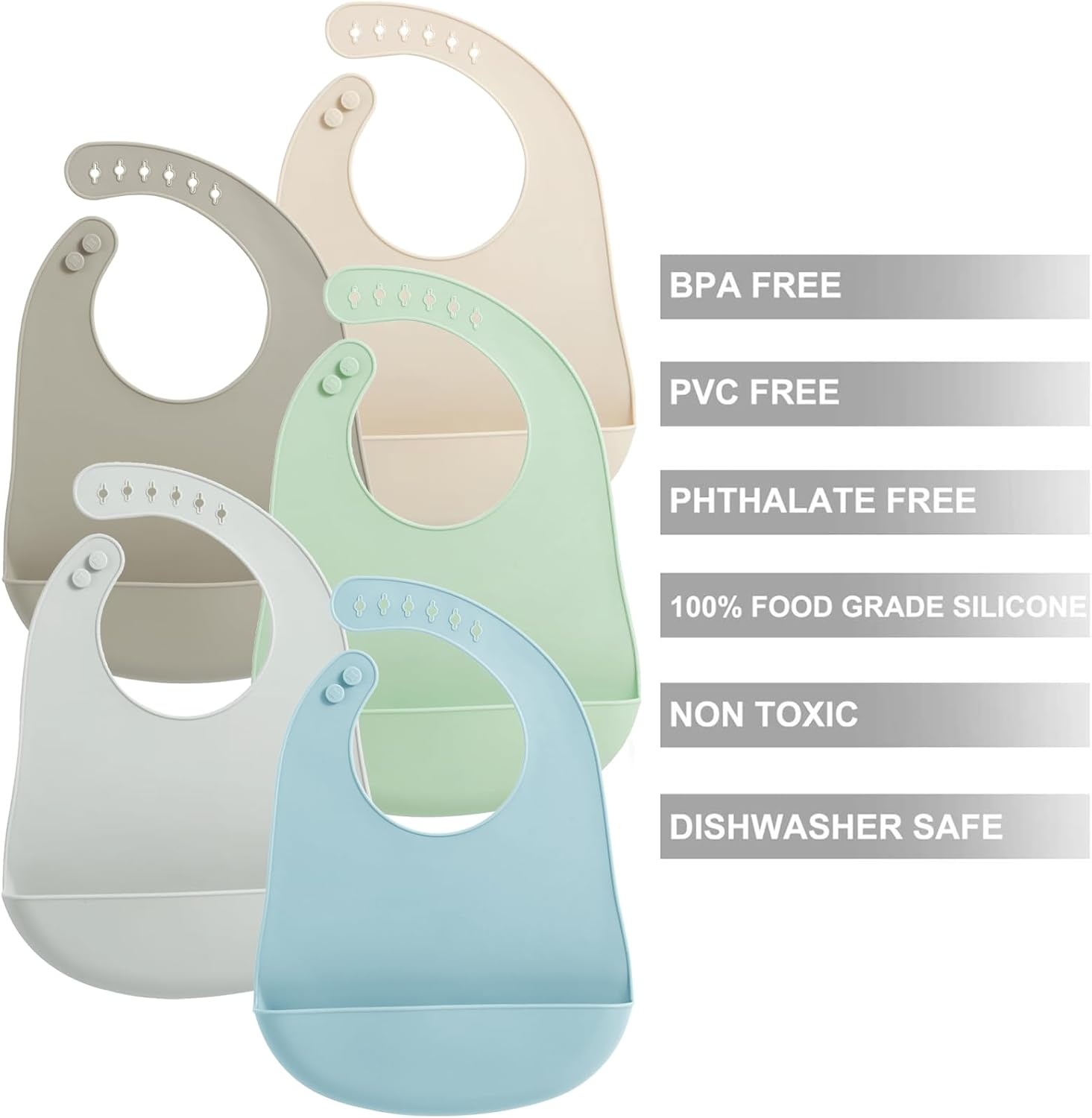 image:imagePandaEar 5 Pack Waterproof Silicone Baby Bibs Super Thin Light Weight Feeding Bib with Food Catcher Pocket for ToddlerCreamGrayTaupeGreenBlue