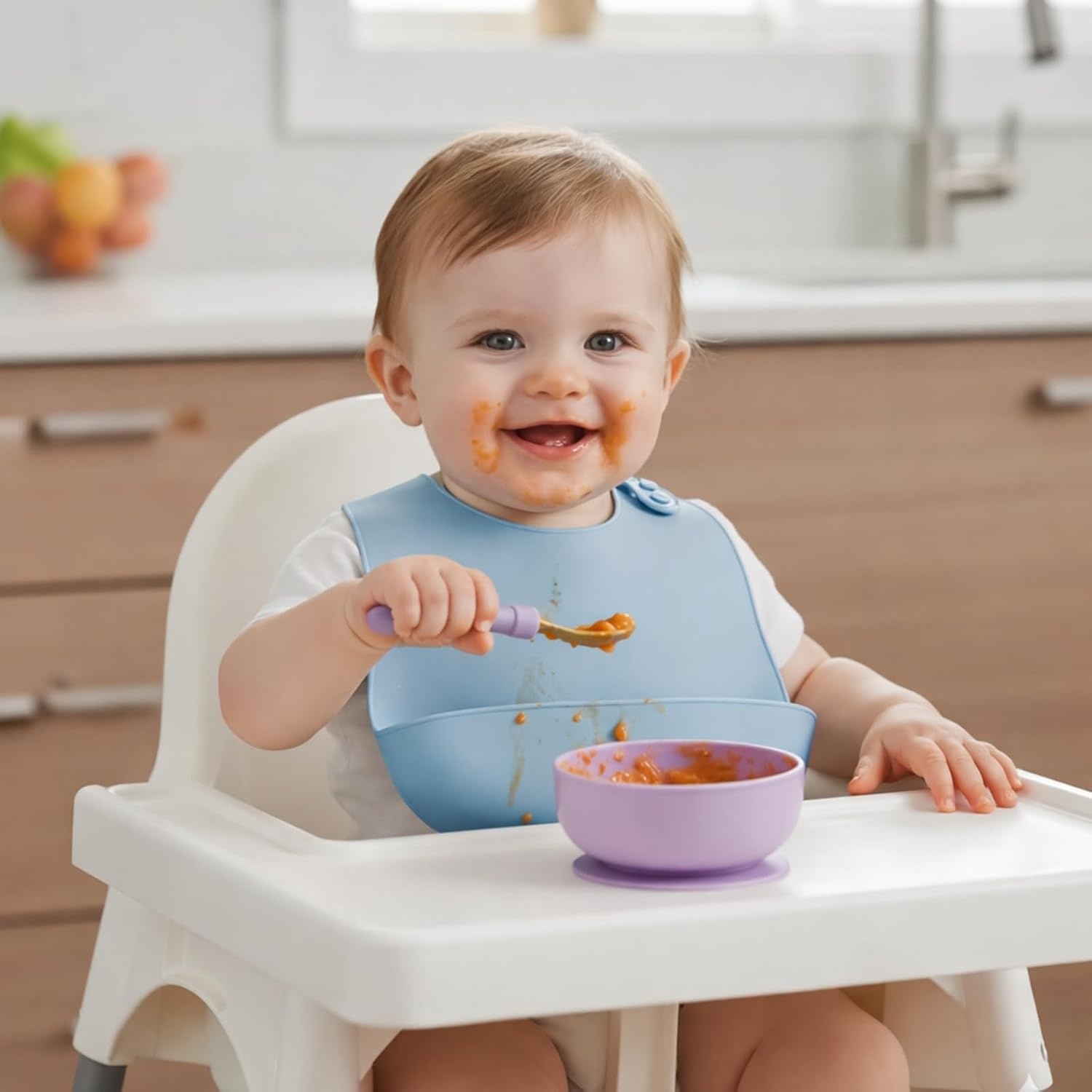 image:imagePandaEar 5 Pack Waterproof Silicone Baby Bibs Super Thin Light Weight Feeding Bib with Food Catcher Pocket for ToddlerPinkLinenPurpleBlue
