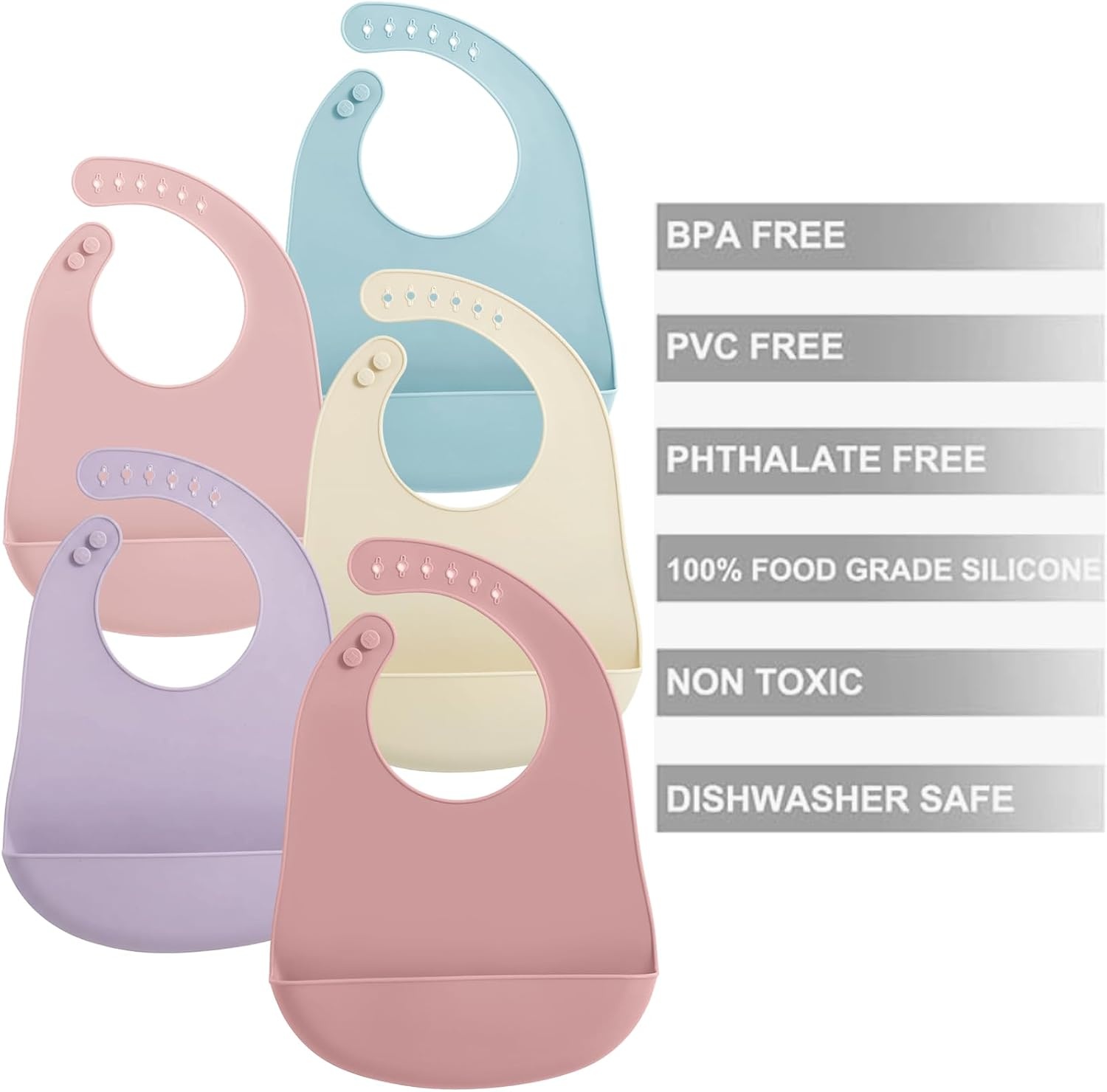 image:imagePandaEar 5 Pack Waterproof Silicone Baby Bibs Super Thin Light Weight Feeding Bib with Food Catcher Pocket for ToddlerPinkLinenPurpleBlue