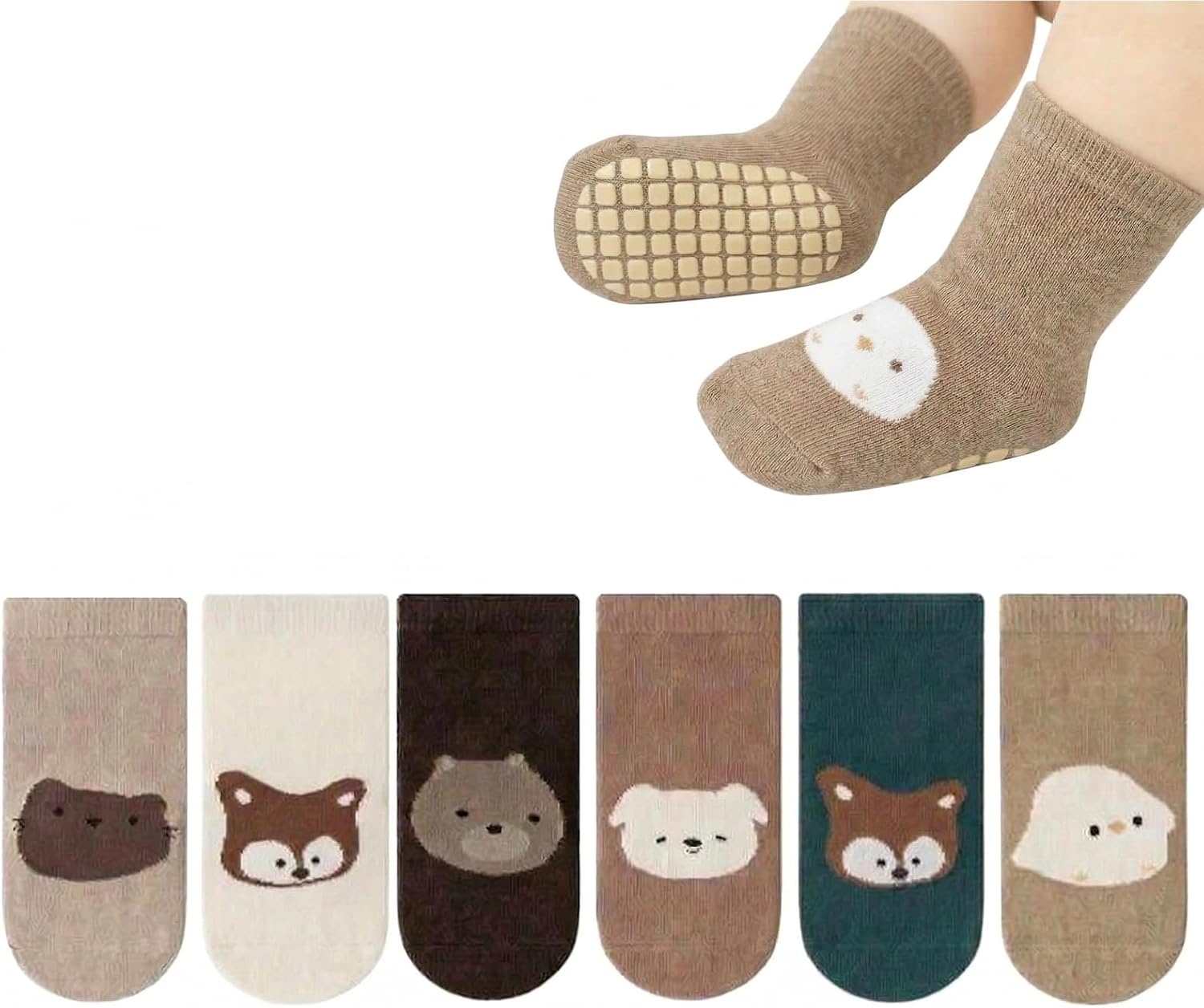 image:imagePandaEar 6 Pairs Baby Toddler Non Slip Socks Cotton Crew Gripper Socks Anti Skid for Boys Girls Infants First Walking SocksAnimal