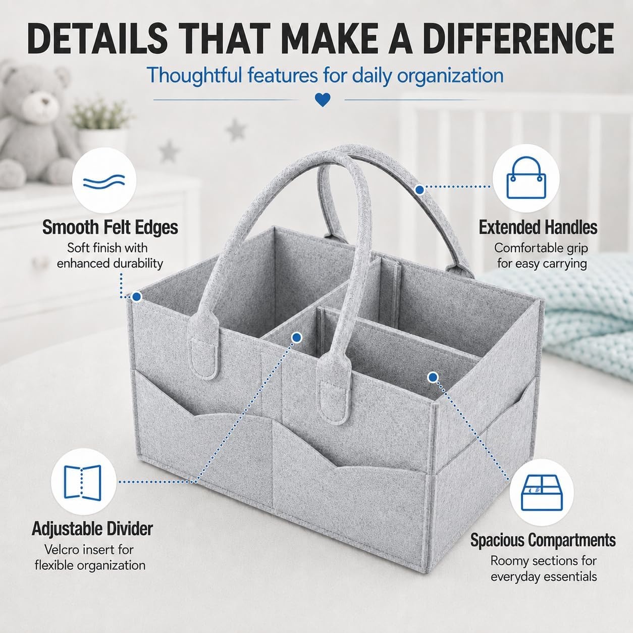 image:imagePandaEar Baby Diaper Caddy Organizer Portable Diaper Holder Organizer Nursery Storage Basket for Wipes amp baby stuff Collapsible Baby Organizer with Divided Design GreyGrey