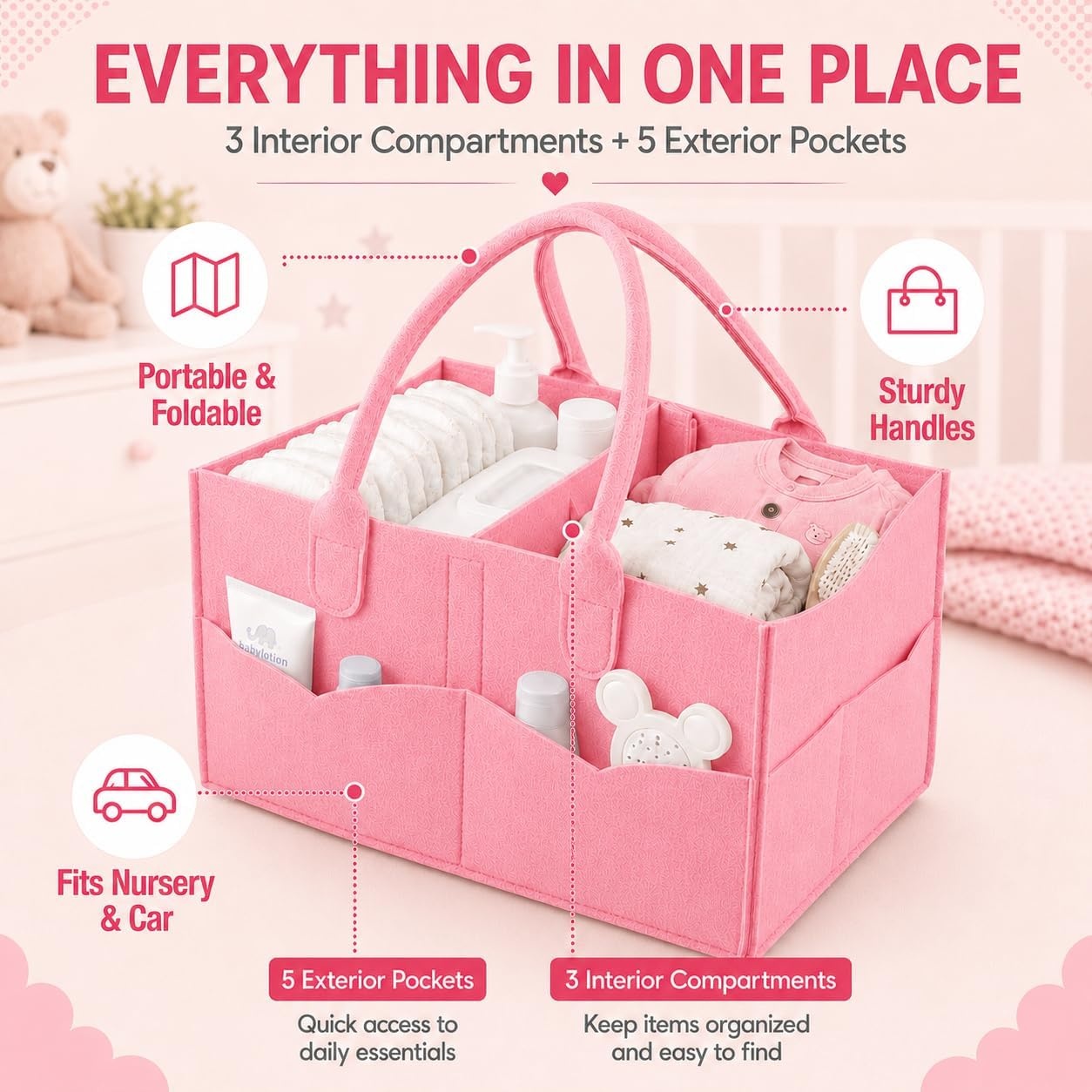 image:imagePandaEar Baby Diaper Caddy Organizer Portable Diaper Holder Organizer Nursery Storage Basket for Wipes amp baby stuff Collapsible Baby Organizer with Divided Design GreyLight Pink