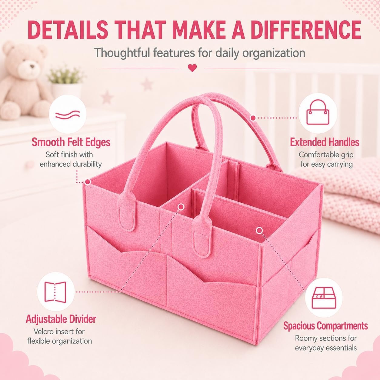 image:imagePandaEar Baby Diaper Caddy Organizer Portable Diaper Holder Organizer Nursery Storage Basket for Wipes amp baby stuff Collapsible Baby Organizer with Divided Design GreyLight Pink