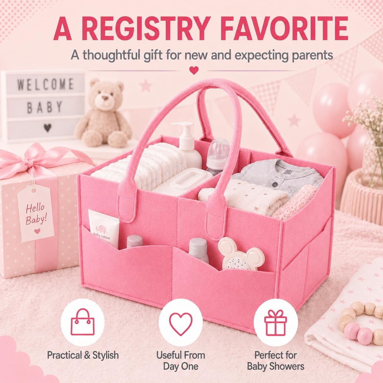 image:imagePandaEar Baby Diaper Caddy Organizer Portable Diaper Holder Organizer Nursery Storage Basket for Wipes amp baby stuff Collapsible Baby Organizer with Divided Design GreyLight Pink