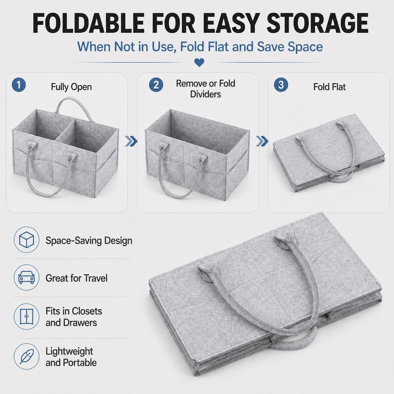 image:imagePandaEar Baby Diaper Caddy Organizer Portable Diaper Holder Organizer Nursery Storage Basket for Wipes amp baby stuff Collapsible Baby Organizer with Divided Design GreyGrey
