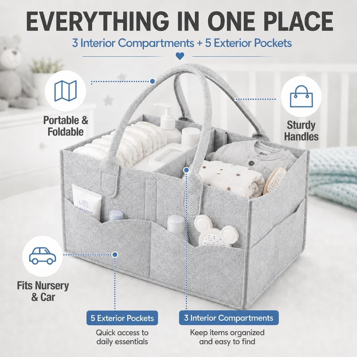 image:imagePandaEar Baby Diaper Caddy Organizer Portable Diaper Holder Organizer Nursery Storage Basket for Wipes amp baby stuff Collapsible Baby Organizer with Divided Design GreyGrey