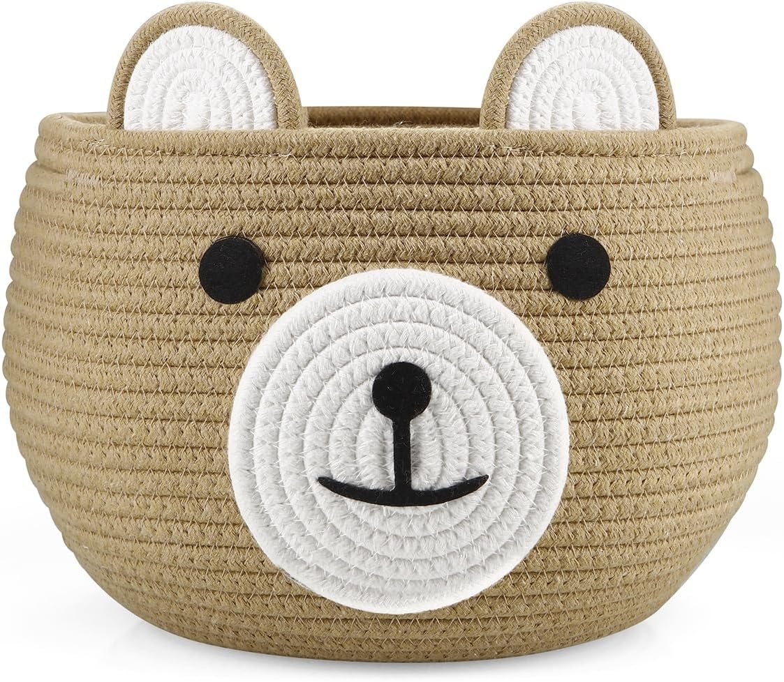 image:imagePandaEar Cotton Rope Baby Basket Baby Gift Basket Nursery Laundry Organizer with Cute Bear Design for Storage Infant Newborn Essentials Diaper Caddy with Handle BrownBrown Pink