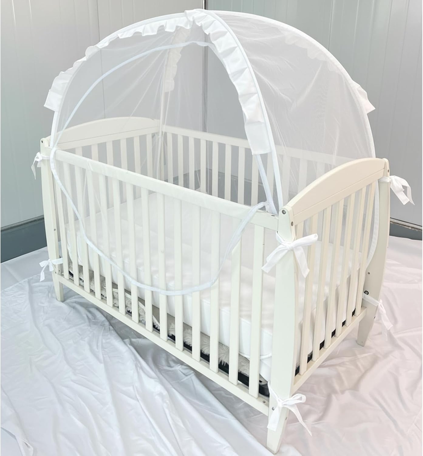 image:imagePandaEar Pop Up Crib Tent to Keep Baby from Climbing Out Breathable Crib Net Mesh Canopy Babies Crib Cover with Zipper Easy Installation GreyWhite